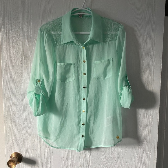 Guess Sheer Mint Button-down Shirt - Picture 1 of 8